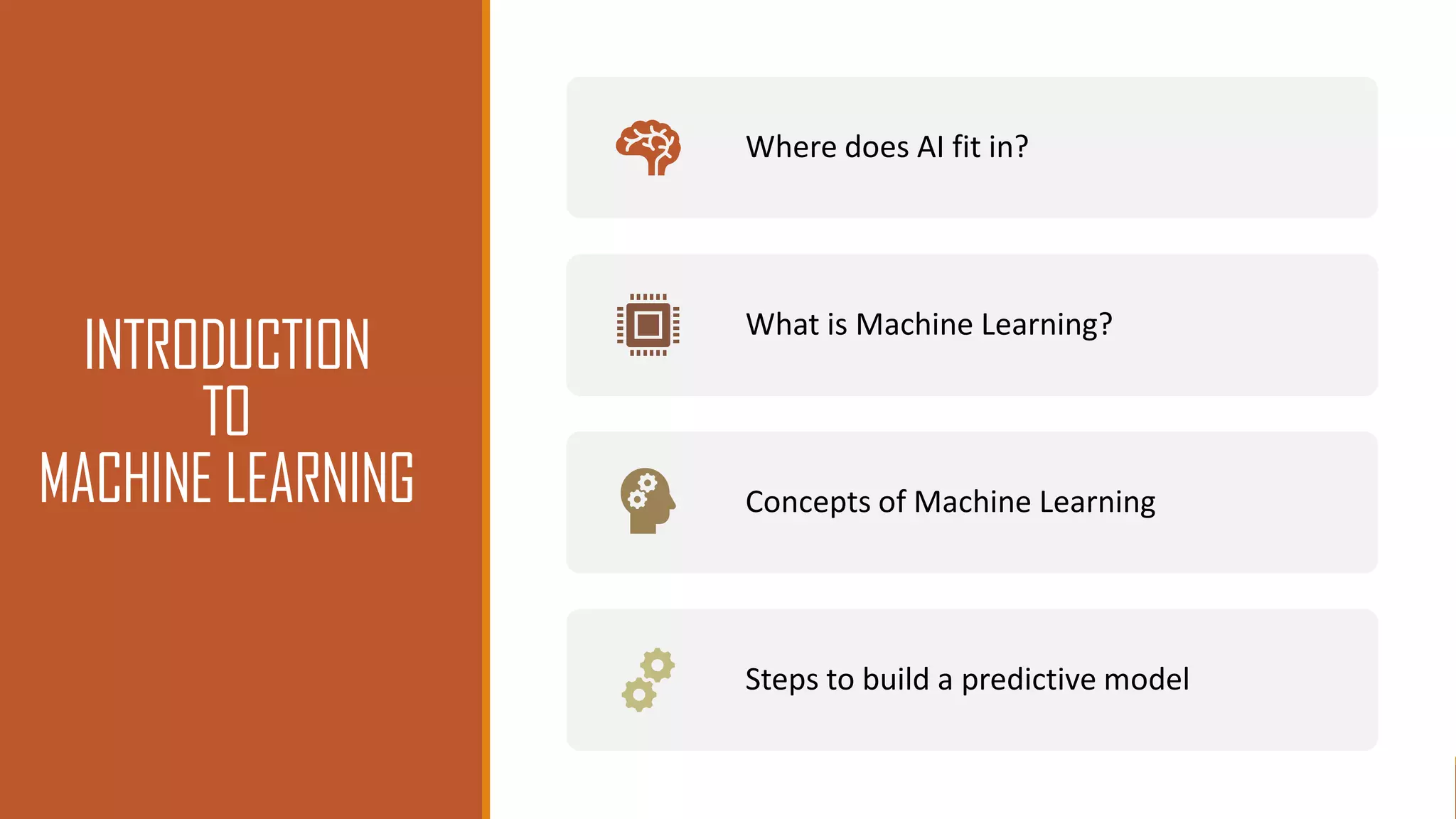 Where does AI fit in?
What is Machine Learning?
Concepts of Machine Learning
Steps to build a predictive model
INTRODUCTION
TO
MACHINE LEARNING
 