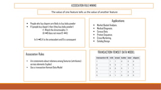 ASSOCIATION RULE MINING
The value of one feature tells us the value of another feature
▪ Peoplewho buy diapers are likely to buy baby powder
▪ If (peoplebuy diaper),then (theybuy baby powder)
<!> Watchthe directionality<!>
(A➔Bdoes not meanB ➔A)
In A➔B,A is the antecedent and B is consequent
Applications
▪ MarketBasket Analysis.
▪ MedicalDiagnosis.
▪ CensusData.
▪ ProteinSequence.
▪ CrossMarketing.
▪ CatalogDesign.
• Arestatements aboutrelations amongfeatures (attributes):
acrosselements (tuples)
• Use a transactionItemsetData Model
Association Rules
TRANSACTION ITEMSET DATA MODEL
 