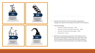 • Industrial revolution in the manufacturing process
changes the way we think about and work in the industry.
• Industrial Stages:
• Industrial 1.0 (water and steam) – 1760s
• Industrial 2.0 (The Technological Revolution) -1840s
• Industrial 3.0 (Information Technology) – 1970s
• Industrial 4.0 - Present
• With the connectivity produced in the Industry 3.0, a
disruptive automation technology rose and now in 4.0,
smart machines will be made such that the machines
communicate among themselves to provide the target.
 