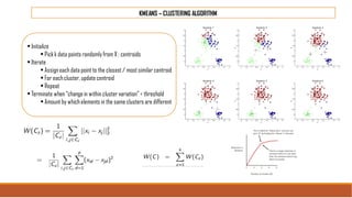 KMEANS – CLUSTERING ALGORITHM
• Initialize
• Pick k data points randomly from X : centroids
• Iterate
• Assign each data point to the closest / most similar centroid
• For each cluster, update centroid
• Repeat
• Terminate when “changein within cluster variation” < threshold
• Amount by whichelements in the same clusters are different
 