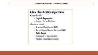 CLASSIFICATION ALGORITHMS – SUPERVISED LEARNING
A few classification algorithms
•Linear Models
• Logistic Regression
• Support Vector Machines
•Nonlinear models
• K-nearest Neighbours (KNN)
• Kernel Support Vector Machines (SVM)
• Naïve Bayes
• Decision Tree Classification
• Random Forest Classification
 