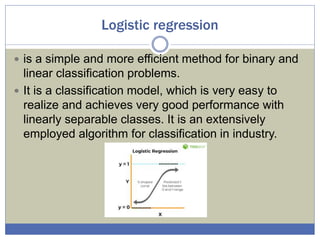 Logistic regression
 is a simple and more efficient method for binary and
linear classification problems.
 It is a classification model, which is very easy to
realize and achieves very good performance with
linearly separable classes. It is an extensively
employed algorithm for classification in industry.
 