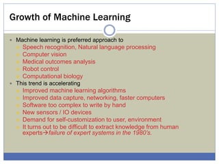 Growth of Machine Learning
 Machine learning is preferred approach to
 Speech recognition, Natural language processing
 Computer vision
 Medical outcomes analysis
 Robot control
 Computational biology
 This trend is accelerating
 Improved machine learning algorithms
 Improved data capture, networking, faster computers
 Software too complex to write by hand
 New sensors / IO devices
 Demand for self-customization to user, environment
 It turns out to be difficult to extract knowledge from human
expertsfailure of expert systems in the 1980’s.
 
