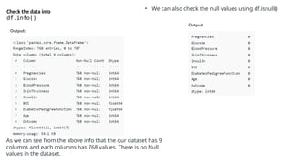 Check the data info
df.info()
As we can see from the above info that the our dataset has 9
columns and each columns has 768 values. There is no Null
values in the dataset.
• We can also check the null values using df.isnull()
 