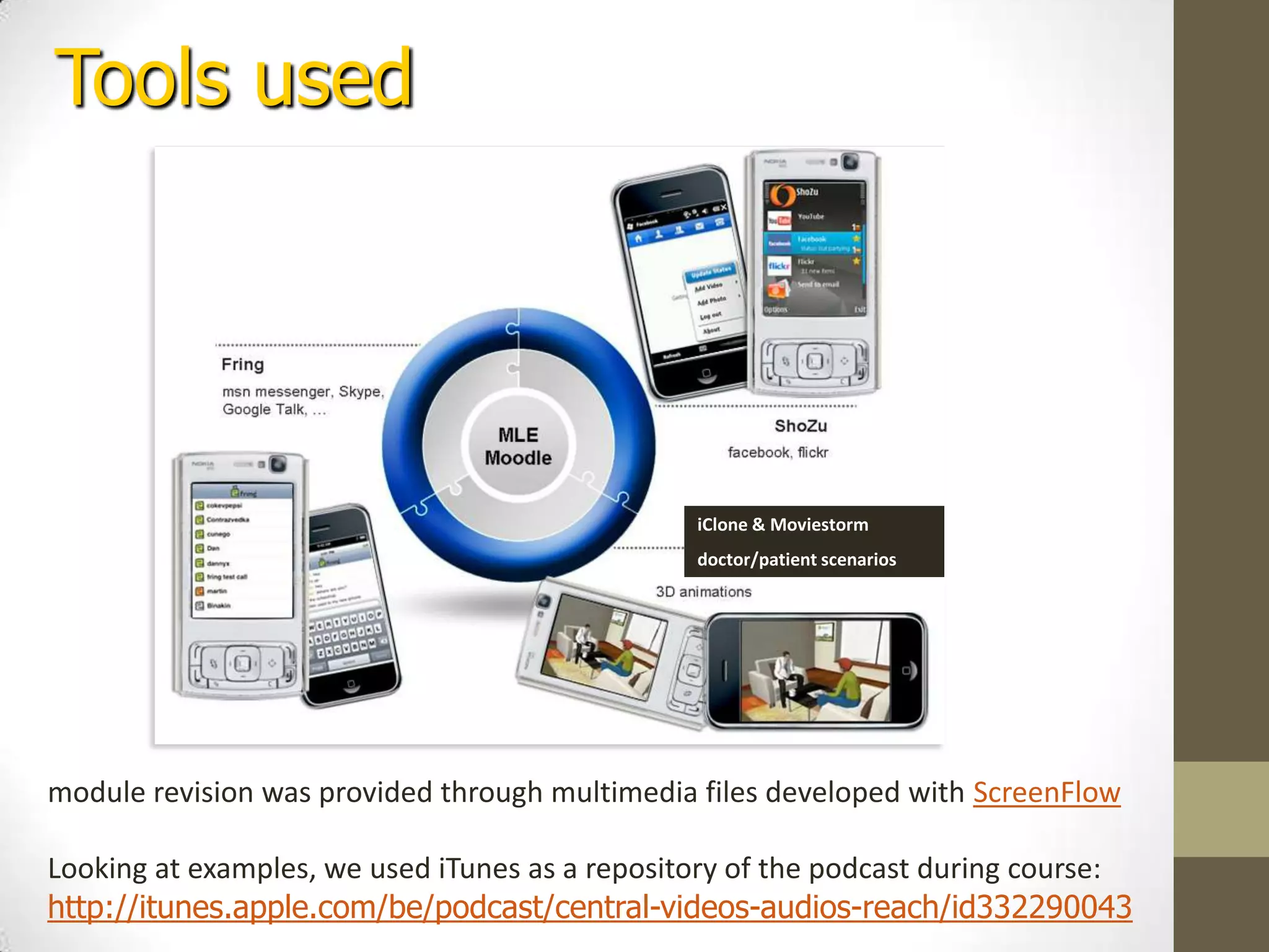 CLINICAL MODULEClinical Case (day 3)-3D movies (podcast deliver using iTunes)-Questions related with clinical case(start discussion forum Moodle)-Critical thinkingPre-test (day 1)-access LCMS            ( MLE Moodle)-via email -websiteConclusion of  discussion (day 10)- strengthening networkSummaryDay 1: Pre-test with focus on a specific topic  Day 3: Send Clinical cases with questions and start discussionDay 10: Conclusion of clinical casesDay 11:Summary of module (articles and review) Day 15: Post-test on the topicwifiSend summary materialWebsite link (day 11)Post-test (day 15)