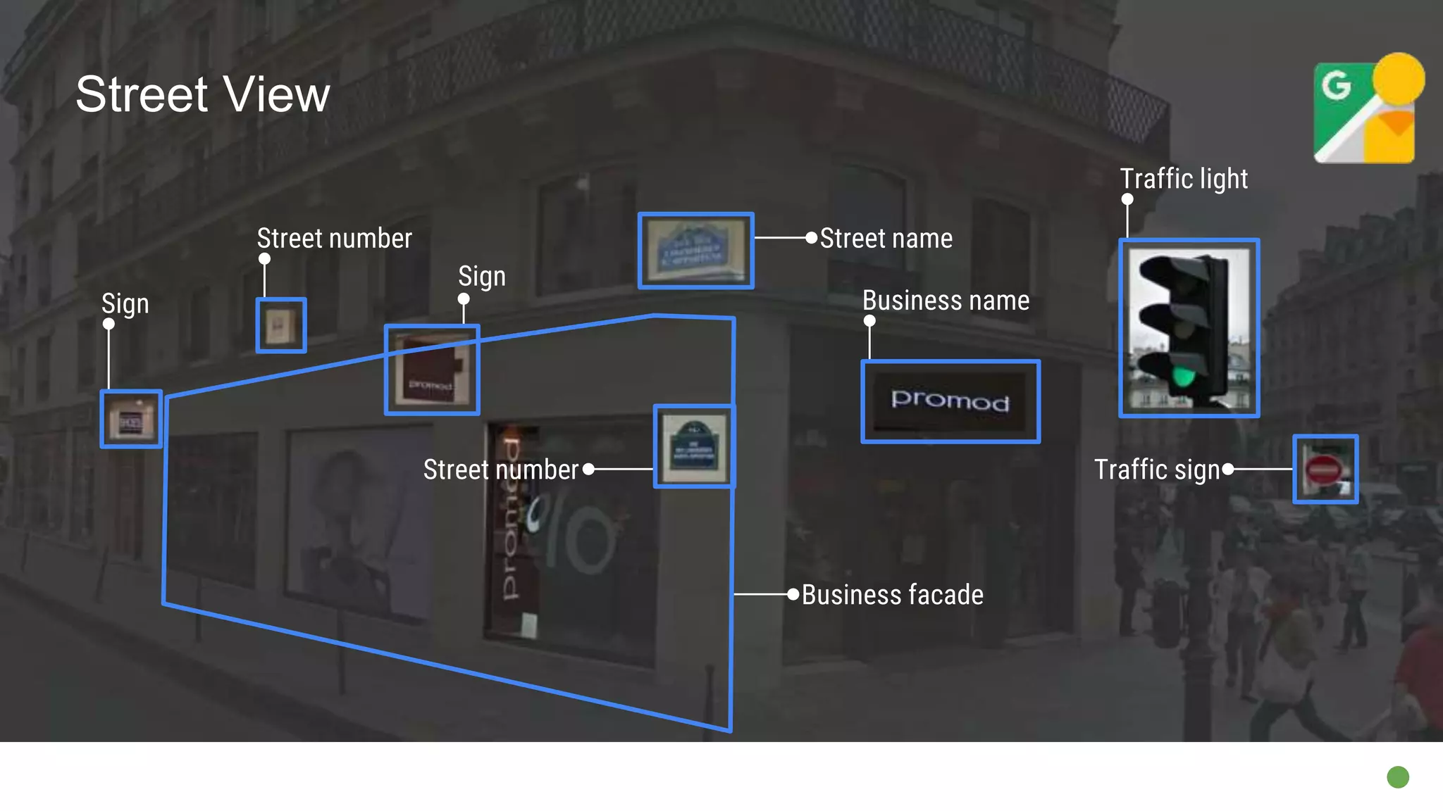 Street name
Street number
Street View
Sign
Business facade
Sign
Business name
Traffic light
Traffic sign
Street number
 