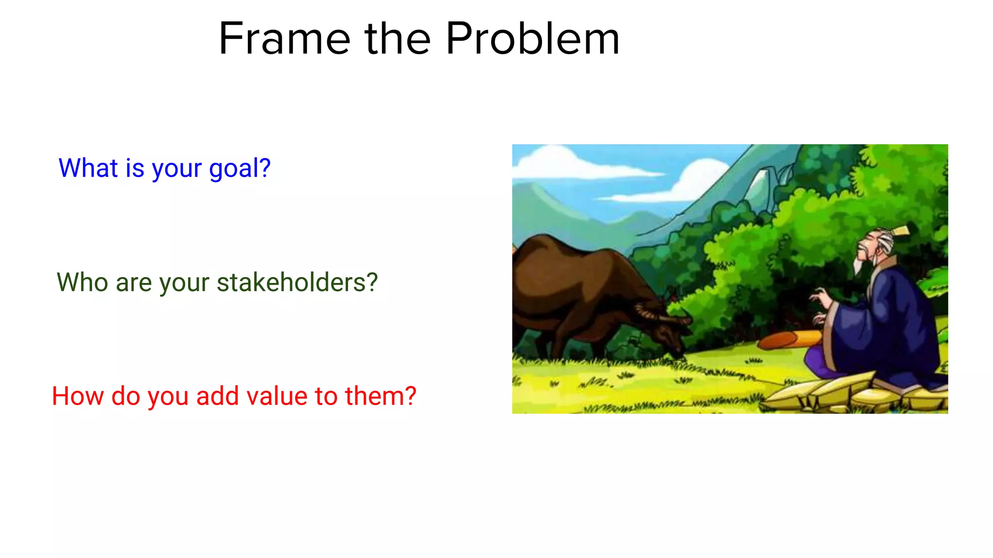 Frame the Problem
What is your goal?
Who are your stakeholders?
How do you add value to them?
 