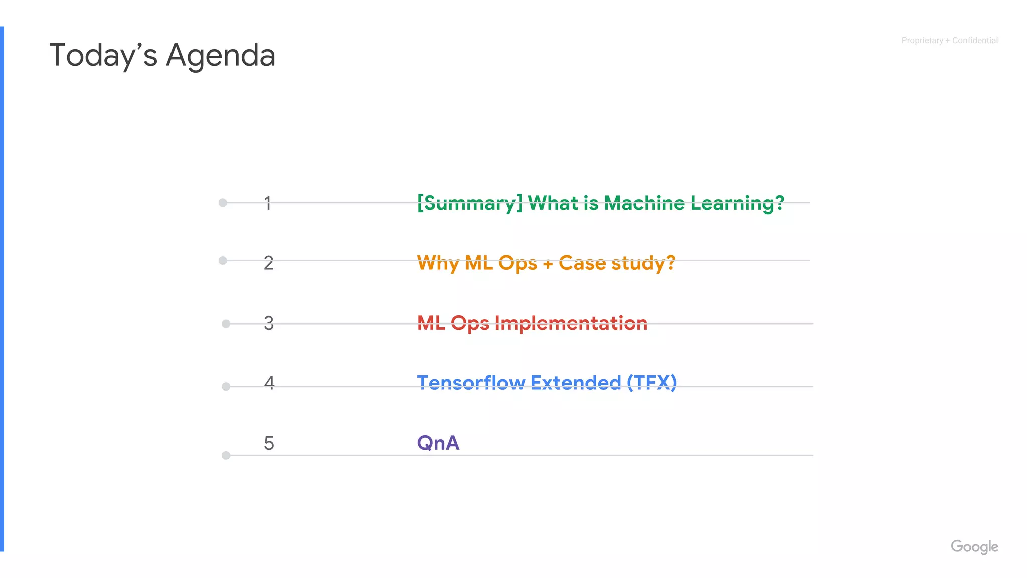 Proprietary + Confidential
Today’s Agenda
1
2
3
4
5
[Summary] What is Machine Learning?
Why ML Ops + Case study?
ML Ops Implementation
Tensorflow Extended (TFX)
QnA
 