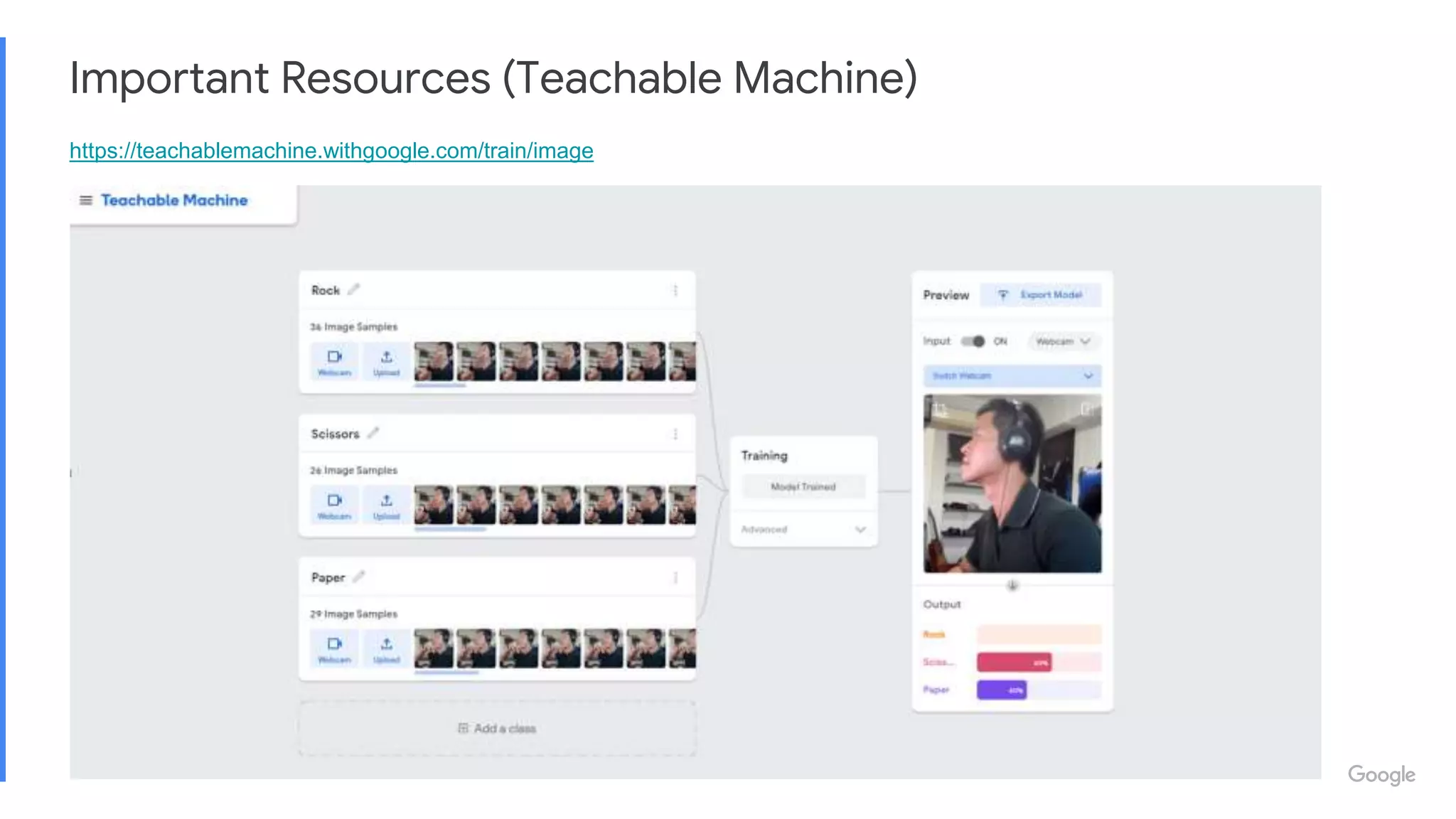 Important Resources (Teachable Machine)
https://teachablemachine.withgoogle.com/train/image
 