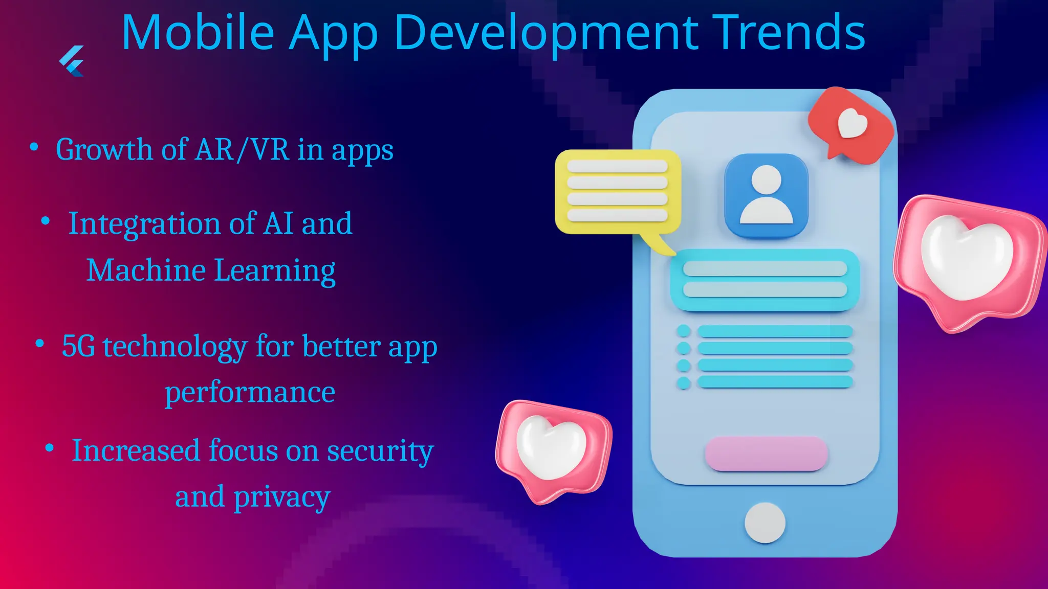 Mobile App Development Trends
• Growth of AR/VR in apps
• Integration of AI and
Machine Learning
• 5G technology for better app
performance
• Increased focus on security
and privacy
 