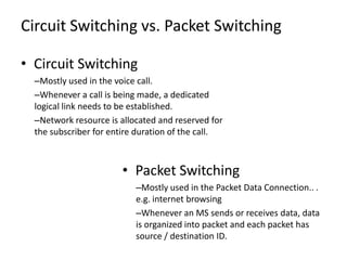 Circuit Switching vs. Packet Switching

• Circuit Switching
  –Mostly used in the voice call.
  –Whenever a call is being made, a dedicated
  logical link needs to be established.
  –Network resource is allocated and reserved for
  the subscriber for entire duration of the call.



                       • Packet Switching
                           –Mostly used in the Packet Data Connection.. .
                           e.g. internet browsing
                           –Whenever an MS sends or receives data, data
                           is organized into packet and each packet has
                           source / destination ID.
 