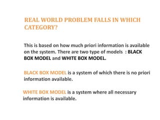REAL WORLD PROBLEM FALLS IN WHICH
CATEGORY?
This is based on how much priori information is available
on the system. There are two type of models : BLACK
BOX MODEL and WHITE BOX MODEL.
BLACK BOX MODEL is a system of which there is no priori
information available.
WHITE BOX MODEL is a system where all necessary
information is available.
 
