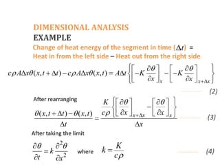 DIMENSIONAL ANALYSIS
EXAMPLE
Change of heat energy of the segment in time ( ) =
Heat in from the left side – Heat out from the right side
After rearranging
(2)
t

( , ) ( , )
x x x
c A x x t t c A x x t A t K K
x x
 
   

 
 
   
         
 
   
 
   
 
( , ) ( , ) x x x
K
c x x
x t t x t
t x
 

  
 
 
   

 
   
 
   
    

 
(3)
After taking the limit
2
2
k
t x
 
 

 
where
K
k
c
 (4)
 