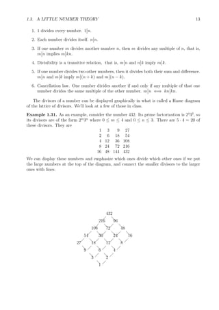 1.3. A LITTLE NUMBER THEORY 13
1. 1 divides every number. 1 n.
2. Each number divides itself. n n.
3. If one number m divides another number n, then m divides any multiple of n, that is,
m n implies m kn.
4. Divisibility is a transitive relation, that is, m n and n k imply m k.
5. If one number divides two other numbers, then it divides both their sum and diﬀerence.
m n and m k imply m (n + k) and m (n − k).
6. Cancellation law. One number divides another if and only if any multiple of that one
number divides the same multiple of the other number. m n ⇐⇒ kn kn.
The divisors of a number can be displayed graphically in what is called a Hasse diagram
of the lattice of divisors. We’ll look at a few of those in class.
Example 1.31. As an example, consider the number 432. Its prime factorization is 24
33
, so
its divisors are of the form 2m
3n
where 0 ≤ m ≤ 4 and 0 ≤ n ≤ 3. There are 5 · 4 = 20 of
these divisors. They are
1 3 9 27
2 6 18 54
4 12 36 108
8 24 72 216
16 48 144 432
We can display these numbers and emphasize which ones divide which other ones if we put
the large numbers at the top of the diagram, and connect the smaller divisors to the larger
ones with lines.
432
  d216
  d
108
  d
96
  d
72
  d54
  d
36
  d
48
  d
27
d
24
  d
18
  d
16
 12
  d
9
d
8
 
6
  d
4
 3
d
2
 1
 