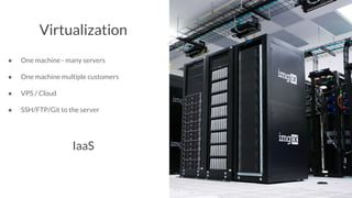 Virtualization
● One machine - many servers
● One machine multiple customers
● VPS / Cloud
● SSH/FTP/Git to the server
IaaS
 