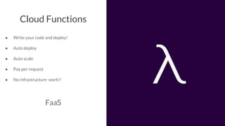 Cloud Functions
● Write your code and deploy!
● Auto deploy
● Auto scale
● Pay per request
● No infrastructure work!!
FaaS
 