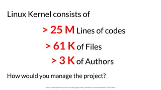 Linux Kernel consists of
How would you manage the project?
> 25 MLines of codes
https://www.phoronix.com/scan.php?page=news_item&px=Linux-September-2018-Stats
> 61 Kof Files
> 3 Kof Authors
 