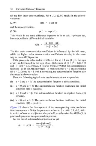 72      Univariate Stationary Processes

for the first order autocovariance. For                   2, (2.44) results in the autoco-
variances
(2.49)                               ( ) =            ( -1)
and the autocorrelations
(2.50)                               ( ) =            ( -1) .
This results in the same difference equation as in an AR(1) process but,
however, with the different initial condition
                                          (       )(1           )
                             (1) =                2
                                                                    .
                                              1           2
The first order autocorrelation coefficient is influenced by the MA term,
while the higher order autocorrelation coefficients develop in the same
way as in an AR(1) process.
   If the process is stable and invertible, i.e. for | | < 1 and | | < 1, the sign
of (1) is determined by the sign of ( – ) because of (1 + 2 – 2 ) > 0
and (1 – ) > 0. Moreover, it follows from (2.49) that the autocorrelation
function – as in the AR(1) process – is monotonic for > 0 and oscillating
for < 0. Due to | | < 1 with increasing, the autocorrelation function also
decreases in absolute value.
   Thus, the following typical autocorrelation structures are possible:
(i)      > 0 and     > : The autocorrelation function is always positive.
(ii)      < 0 and < : The autocorrelation function oscillates; the initial
        condition (1) is negative.
(iii)     > 0 and     < : The autocorrelation function is negative from (1)
        onwards.
(iv)      < 0 and > : The autocorrelation function oscillates; the initial
        condition (1) is positive.
Figure 2.9 shows the development of the corresponding autocorrelation
functions up to = 20 for the parameter values ,        {0.8, 0.5, -0.5, -0.8}
in which, of course,        must always hold, as otherwise the ARMA(1,1)
process degenerates to a pure random process.
   For the partial autocorrelation function we get
                             (        )(1         )
            11   =   (1) =            2
                                                      ,
                                 1            2
 
