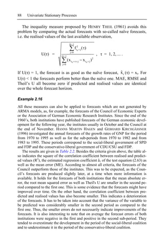 88    Univariate Stationary Processes

   The inequality measure proposed by HENRY THEIL (1961) avoids this
problem by comparing the actual forecasts with so-called naïve forecasts,
i.e. the realised values of the last available observation,
                                     m
                                            f t2 j ( )
                                               0
                                      j 0
               U( ) =        m
                                                               ,   = 1, 2, ... .
                                   (x t 0     j    x t0 j )2
                             j 0


                                                            ˆ
If U( ) = 1, the forecast is as good as the naïve forecast, x t ( ) = xt. For
U( ) < 1 the forecasts perform better than the naïve one. MAE, RMSE and
Theil’s U all become zero if predicted and realised values are identical
over the whole forecast horizon.

Example 2.16
All these measures can also be applied to forecasts which are not generated by
ARMA models, as, for example, the forecasts of the Council of Economic Experts
or the Association of German Economic Research Institutes. Since the end of the
1960’s, both institutions have published forecasts of the German economic devel-
opment for the following year, the institutes usually in October and the Council at
the end of November. HANNS MARTIN HAGEN and GEBHARD KIRCHGÄSSNER
(1996) investigated the annual forecasts of the growth rates of GNP for the period
from 1970 to 1995 as well as for the sub-periods from 1970 to 1982 and from
1983 to 1995. These periods correspond to the social-liberal government of SPD
and FDP and the conservative-liberal government of CDU/CSU and FDP.
   The results are given in Table 2.2. Besides the criteria given above, the table al-
so indicates the square of the correlation coefficient between realised and predict-
ed values (R2), the estimated regression coefficient â1 of the test equation (2.63) as
well as the mean error (ME). According to almost all criteria, the forecasts of the
Council outperform those of the institutes. This was to be expected, as the Coun-
cil’s forecasts are produced slightly later, at a time when more information is
available. It holds for the forecasts of both institutions that the mean absolute er-
ror, the root mean squared error as well as Theil's U are smaller in the second pe-
riod compared to the first one. This is some evidence that the forecasts might have
improved over time. On the other hand, the correlation coefficient between pre-
dicted and realised values has also become smaller. This indicates a deterioration
of the forecasts. It has to be taken into account that the variance of the variable to
be predicted was considerably smaller in the second period as compared to the
first one. Thus, the smaller errors do not necessarily indicate improvements of the
forecasts. It is also interesting to note that on average the forecast errors of both
institutions were negative in the first and positive in the second sub-period. They
tended to overestimate the development in the period of the social-liberal coalition
and to underestimate it in the period of the conservative-liberal coalition.
 