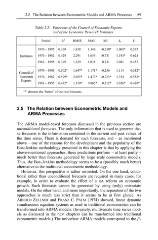 2.5 The Relation between Econometric Models and ARMA Processes                  89


              Table 2.2: Forecasts of the Council of Economic Experts
                         and of the Economic Research Institutes

                  Period        R2       RMSE       MAE       ME        â1       U

               1970 – 1995    0.369      1.838      1.346    -0.250*   1.005*   0.572
 Institutes    1970 – 1982    0.429      2.291      1.654    -0.731    1.193*   0.625
               1983 – 1995    0.399      1.229      1.038    0.231     1.081    0.457

               1970 – 1995    0.502*     1.647*     1.171*   -0.256    1.114    0.512*
 Council of
 Economic      1970 – 1982    0.599*     2.025*     1.477*   -0.723*   1.354    0.552*
  Experts
               1983 – 1995    0.472*     1.150*     0.865*   0.212*    1.036*   0.428*

   ‘*’ denotes the ‘better’ of the two forecasts.




2.5 The Relation between Econometric Models and
    ARMA Processes

The ARMA model-based forecasts discussed in the previous section are
unconditional forecasts. The only information that is used to generate the-
se forecasts is the information contained in the current and past values of
the time series. There is demand for such forecasts, and – as mentioned
above – one of the reasons for the development and the popularity of the
Box-Jenkins methodology presented in this chapter is that by applying the
above-mentioned approaches, these predictions perform – at least partly –
much better than forecasts generated by large scale econometric models.
Thus, the Box-Jenkins methodology seems to be a (possibly much better)
alternative to the traditional econometric methodology.
   However, this perspective is rather restricted. On the one hand, condi-
tional rather than unconditional forecasts are required in many cases, for
example, in order to evaluate the effect of a tax reform on economic
growth. Such forecasts cannot be generated by using (only) univariate
models. On the other hand, and more importantly, the separation of the two
approaches is much less strict than it seems to be at first glance. As
ARNOLD ZELLNER and FRANZ C. PALM (1974) showed, linear dynamic
simultaneous equation systems as used in traditional econometrics can be
transformed into ARMA models. (Inversely, multivariate time series mod-
els as discussed in the next chapters can be transformed into traditional
econometric models.) The univariate ARMA models correspond to the fi-
 