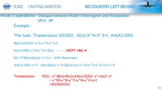18
Example :
The task: Transmission 1011001, G(x)=X^4+X^3+1, AA(X)=1001
M(x)=1011001 x^6+x^4+x^3+1;
→
G(x)=11001=x^4+x^3+1=G(x) ------- CCITT CRC-4
R{x^4*M(x)/G(x)}= x^3+x= 1010 Remainder
→
AA(x)=1001=x3
+1 AA(x)G(x)/ x^4=Q(x)+r(x) /x^4=(x^3+x^2+1)+1/x^4
Transmission: T(X) = x4
M(x)+R(x)+AA(x) G(X)/ x4
+r(x)/ x4
= x^10+x^8+x^7+x^4+x^2+x+1
=10110010111
Mode S operations-- Dialogue between Mode S Interrogator and Transponder
UF11 AP
 