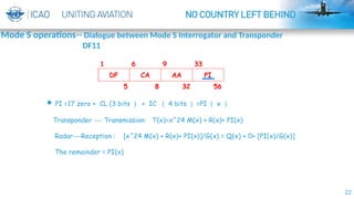 22
 PI =17 zero + CL (3 bits ） + IC （ 4 bits ） =PI （ x ）
Transponder --- Transmission: T(x)=x^24 M(x) + R(x)+ PI(x)
Radar---Reception : [x^24 M(x) + R(x)+ PI(x)]/G(x) = Q(x) + 0+ [PI(x)/G(x)]
The remainder = PI(x)
Mode S operations-- Dialogue between Mode S Interrogator and Transponder
DF11
 