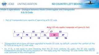 28
• Not all transponders are capable of operating with SI code.
• Transponders which have not been upgraded to handle SI code, by default, consider the content of the
IC field as being an II code value.
• So, if CL is not equal to zero (meaning that the IC field contains SI code), the II only capable
transponders encode the parity sequence of the reply using the "matching“ II code rather than the SI
code contained in the interrogation.
Mode S II-only capable transponder will ignore CL field.
Mode S operations-- Dialogue between Mode S Interrogator and Transponder
II & SI Code
 