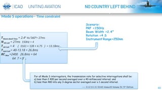 40
Mode S operations-- Time constraint
By-ISAAC
Scenario:
PRF =150Hz
Beam Width =2.4°
Rotation =4 S
Instrument Range=250nm
For all Mode S interrogators, the transmission rate for selective interrogations shall be:
a) less than 2 400 per second averaged over a 40-millisecond interval; and
b) less than 480 into any 3-degree sector averaged over a 1-second interval.
---- 3.1.2.11.1.3.1 ICAO Annex10 Volume IV, 5th
Edition
T Beam-dwell Time = 2.4° 4s/360°= 27ms
NAll-call = 27ms 150Hz ≈ 4
T All-Call = 4 （ 3161 + 128 + 4.75 ） = 13.18ms
T Roll-Call = 40-13.18 = 26.8ms
RC Max =2400 26.8ms = 64
64 7 = 9
 