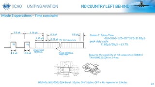 42
0.8 μS 0.8 μS
112 data bits
2.0 μS 2.75 μS
0.5 μS
P6
1.25 μS
0.5 μS
0.25 μS
P2
P1
SYNC PHASE
REVERSAL
PHASE REVERSAL
POSITION
Comm-C Pulse-Time
=0.8+0.8+1+1.25+112*0.25=31.85μS
peak duty cycle
31.85μS/50μS = 63.7%
Requires the capability of 48 consecutive COMM-C
TRANSMISSION in 2.4 ms.
MDS60L/MDS500L:ELM Burst: 32µSec ON/ 18µSec OFF x 48, repeated at 23mSec
Mode S operations-- Time constraint
 