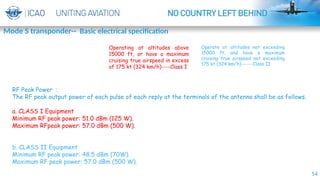 54
Mode S transponder-- Basic electrical specification
RF Peak Power ：
The RF peak output power of each pulse of each reply at the terminals of the antenna shall be as follows.
a. CLASS I Equipment
Minimum RF peak power: 51.0 dBm (125 W).
Maximum RFpeak power: 57.0 dBm (500 W).
b. CLASS II Equipment
Minimum RF peak power: 48.5 dBm (70W).
Maximum RF peak power: 57.0 dBm (500 W).
Operate at altitudes not exceeding
15000 ft, and have a maximum
cruising true airspeed not exceeding
175 kt (324 km/h)------Class II
Operating at altitudes above
15000 ft, or have a maximum
cruising true airspeed in excess
of 175 kt (324 km/h)----Class I
 