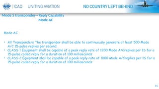 55
Mode S transponder-- Reply Capability
Mode AC
Mode AC
• All Transponders The transponder shall be able to continuously generate at least 500 Mode
A/C 15-pulse replies per second.
• CLASS 1 Equipment shall be capable of a peak reply rate of 1200 Mode A/Creplies per 1S for a
15-pulse coded reply for a duration of 100 milliseconds
• CLASS 2 Equipment shall be capable of a peak reply rate of 1000 Mode A/Creplies per 1S for a
15-pulse coded reply for a duration of 100 milliseconds
 