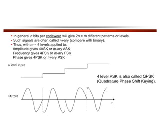 • In general n bits per codeword will give 2n = m different patterns or levels.
• Such signals are often called m-ary (compare with binary).
• Thus, with m = 4 levels applied to:
Amplitude gives 4ASK or m-ary ASK
Frequency gives 4FSK or m-ary FSK
Phase gives 4PSK or m-ary PSK
4 level PSK is also called QPSK
(Quadrature Phase Shift Keying).
 