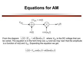 Equations for AM
From the diagram where VDC is the DC voltage that can
be varied. The equation is in the form Amp cos ct and we may 'see' that the amplitude
is a function of m(t) and VDC. Expanding the equation we get:
   
   
t
ω
t
m
+
V
=
t
v c
DC
s cos
       
t
ω
t
m
+
t
ω
V
=
t
v c
c
DC
s cos
cos
 
