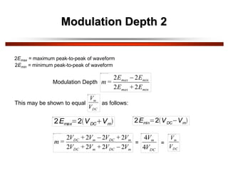 2Emax = maximum peak-to-peak of waveform
2Emin = minimum peak-to-peak of waveform
Modulation Depth
min
max
min
max
E
+
E
E
E
=
m
2
2
2
2 
This may be shown to equal
DC
m
V
V
as follows:
2Emax 2 VDC Vm
2Emin 2 VDC Vm
m
DC
m
DC
m
DC
m
DC
V
V
+
V
+
V
V
+
V
V
+
V
=
m
2
2
2
2
2
2
2
2


DC
m
V
V
4
4
DC
m
V
V
= =
Modulation Depth 2
 