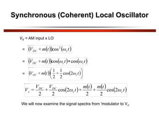 Synchronous (Coherent) Local Oscillator
VX = AM input x LO
 
     
t
ω
t
ω
t
m
+
V c
c
DC cos
cos 
 
   
t
ω
t
m
+
V c
DC
2
cos
 
   





t
ω
+
t
m
+
V c
DC 2
cos
2
1
2
1
=
       
t
ω
t
m
+
t
m
+
t
ω
V
+
V
=
V c
c
DC
DC
x 2
cos
2
2
2
cos
2
2
We will now examine the signal spectra from 'modulator to Vx'
=
=
 