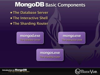 MongoDB Basic Components
             • The Database Server
             • The Interactive Shell
             • The Sharding Router


                             mongod.exe                              mongo.exe
                            The database server                     The interactive shell




                                              mongos.exe
                                              The sharding router




Introduction to MongoDB
          A No-SQL Persistence Alternative
A U S T I N - C O D E - C A M P - 2 0 1 0
 