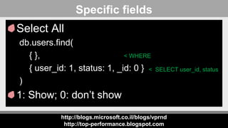 http://blogs.microsoft.co.il/blogs/vprnd
http://top-performance.blogspot.com
Specific fields
Select All
db.users.find(
{ },
{ user_id: 1, status: 1, _id: 0 }
)
1: Show; 0: don’t show
< WHERE
< SELECT user_id, status
 