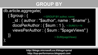 http://blogs.microsoft.co.il/blogs/vprnd
http://top-performance.blogspot.com
GROUP BY
db.article.aggregate(
{ $group : {
_id : { author : "$author“, name : “$name” },
docsPerAuthor : { $sum : 1 },
viewsPerAuthor : { $sum : "$pageViews" }
}}
);
< GROUP BY author, name
< SUM(pageViews)
< SUM(1) = N
 