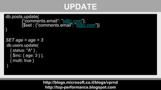 http://blogs.microsoft.co.il/blogs/vprnd
http://top-performance.blogspot.com
UPDATE
db.posts.update(
{“comments.email”: ”b@c.com”},
{$set : {“comments.email”: ”d@c.com”}}
}
SET age = age + 3
db.users.update(
{ status: "A" } ,
{ $inc: { age: 3 } },
{ multi: true }
)
 