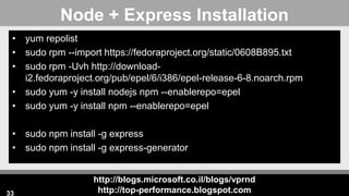 http://blogs.microsoft.co.il/blogs/vprnd
http://top-performance.blogspot.com
Node + Express Installation
• yum repolist
• sudo rpm --import https://fedoraproject.org/static/0608B895.txt
• sudo rpm -Uvh http://download-
i2.fedoraproject.org/pub/epel/6/i386/epel-release-6-8.noarch.rpm
• sudo yum -y install nodejs npm --enablerepo=epel
• sudo yum -y install npm --enablerepo=epel
• sudo npm install -g express
• sudo npm install -g express-generator
33
 