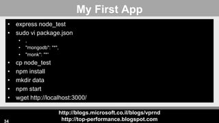 http://blogs.microsoft.co.il/blogs/vprnd
http://top-performance.blogspot.com
My First App
• express node_test
• sudo vi package.json
• ,
• "mongodb": "*",
• "monk": "*“
• cp node_test
• npm install
• mkdir data
• npm start
• wget http://localhost:3000/
34
 