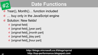 http://blogs.microsoft.co.il/blogs/vprnd
http://top-performance.blogspot.com
Date Functions
Year(), Month()… function included
… buy only in the JavaScript engine
Solution: New fields!
[original field]
[original field]_[year part]
[original field]_[month part]
[original field]_[day part]
[original field]_[hour part]
41
 