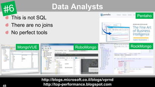 http://blogs.microsoft.co.il/blogs/vprnd
http://top-performance.blogspot.com
Data Analysts
This is not SQL
There are no joins
No perfect tools
48
Pentaho
RockMongoMongoVUE RoboMongo
 
