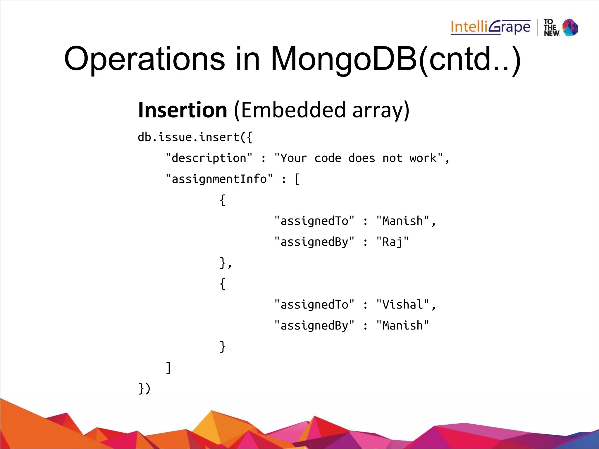 Operations in MongoDB(cntd..)
db.issue.insert({
"description" : "Your code does not work",
"assignmentInfo" : [
{
"assignedTo" : "Manish",
"assignedBy" : "Raj"
},
{
"assignedTo" : "Vishal",
"assignedBy" : "Manish"
}
]
})
 