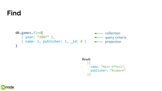 Find
db.games.find(
{ year: “2007” },
{ name: 1, publisher: 1, _id: 0 }
)
Result:
[{
name: “Mass Effect”,
publisher: “BioWare”
}]
 