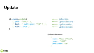 Update
db.games.update(
{ year: “2007” },
{ $set: { publisher: “EA” } },
{ multi: true }
)
Updated Document:
{
name: “Mass Effect”,
year: “2007”
publisher: “EA”
}
 