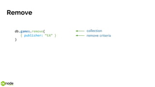 Remove
db.games.remove(
{ publisher: “EA” }
)
 
