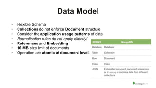 Data Model
• Flexible Schema
• Collections do not enforce Document structure
• Consider the application usage patterns of data
• Normalisation rules do not apply directly!
• References and Embedding
• 16 MB size limit of documents
• Operation are atomic at document level
 