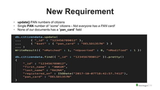New Requirement
• update() PAN numbers of citizens
• Single PAN number of “some” citizens - Not everyone has a PAN card!
• None of our documents has a “pan_card” field
 