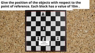 Give the position of the objects with respect to the
point of reference. Each block has a value of 10m .
 